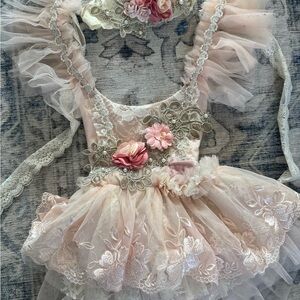 Floral lace romper, birthday romper, birthday dress, and headband